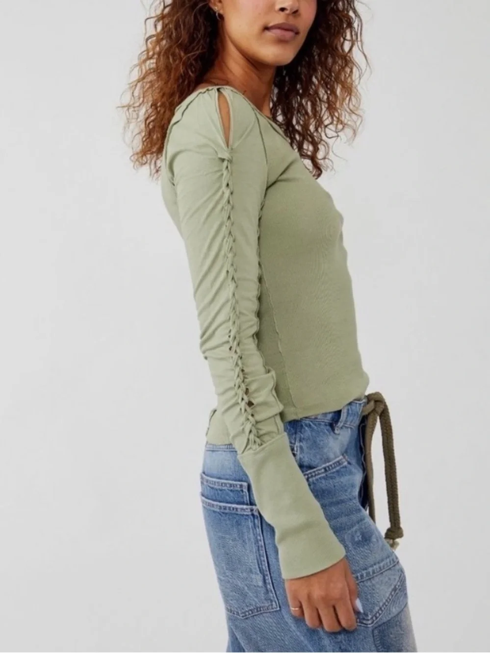 Free People Green Tea Leaves Daisy Chain Cuff Shirt